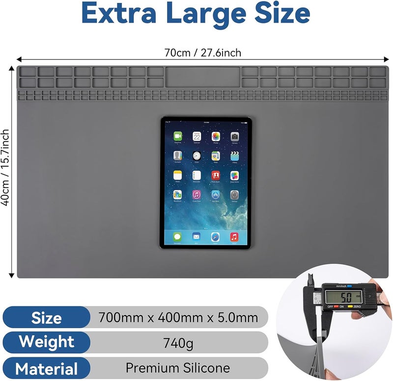 Kaisi حصيرة لحام كبيرة جداً، 27.6''x15.7'' مقاومة للحرارة حتى 932°F، حصيرة سيليكون لحام كبيرة لورشة إصلاح الإلكترونيات، الهاتف، الساعة، إصلاح اللابتوب، لحام BGA - رمادي - Image 2